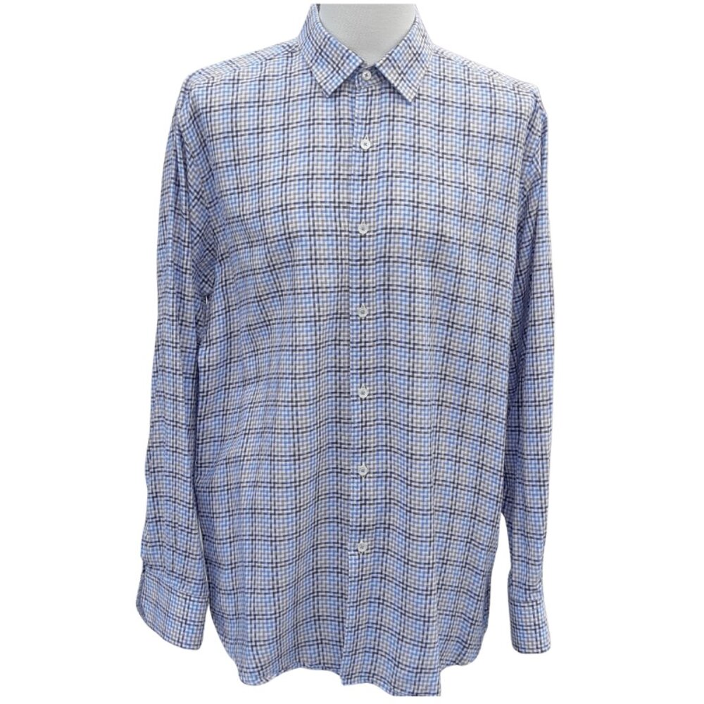 Bugatchi SZ 15.5 Classic Fit Cotton Men's Button Up Shirt- Blue, Tan and White